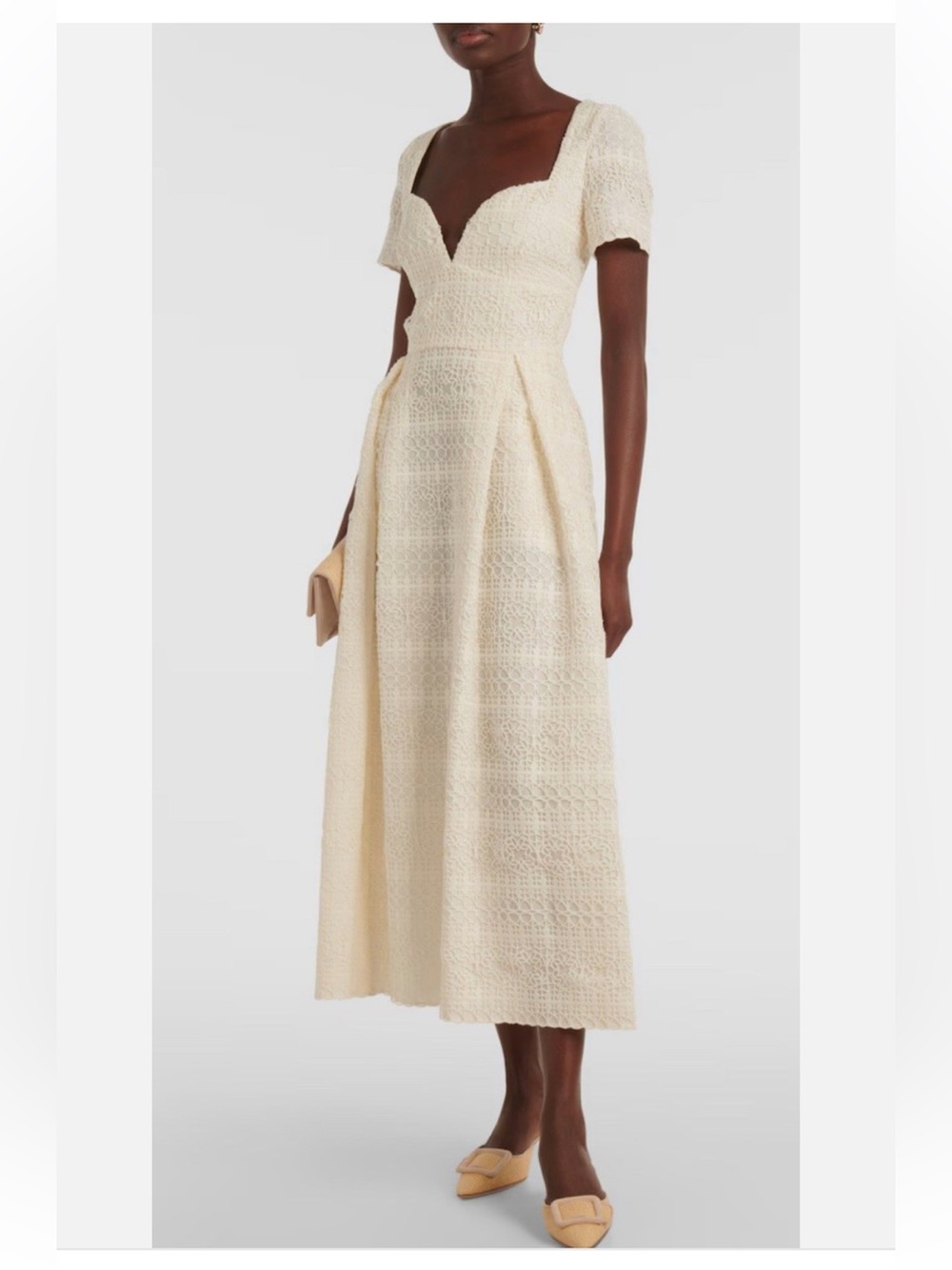 Elie Saab Macreme Off-White Textured A-Line Midi Dress with Sweetheart Neckline